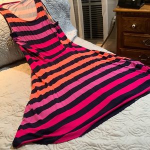 Multicolor dress, navy, orange, magenta, purple.  Sleeveless, flowing skirt